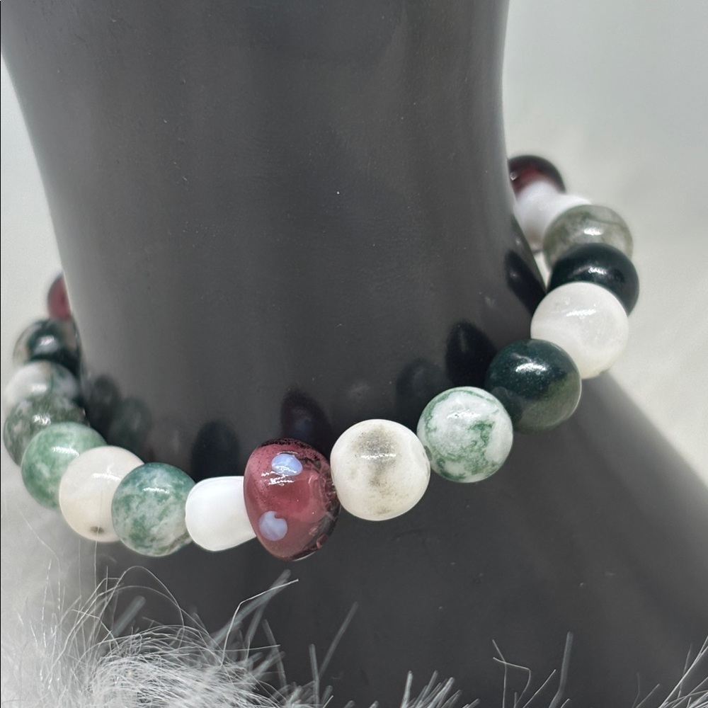 Handmade Moss Agate Mushroom Bracelet Cottagecore Boho Earthy Fairycore